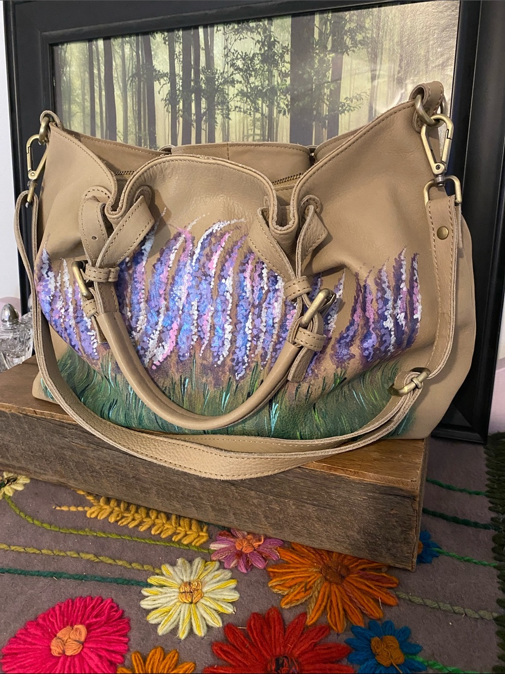 Sundance Beige Shoulder Bag with Hand-Painted Lavender Motif